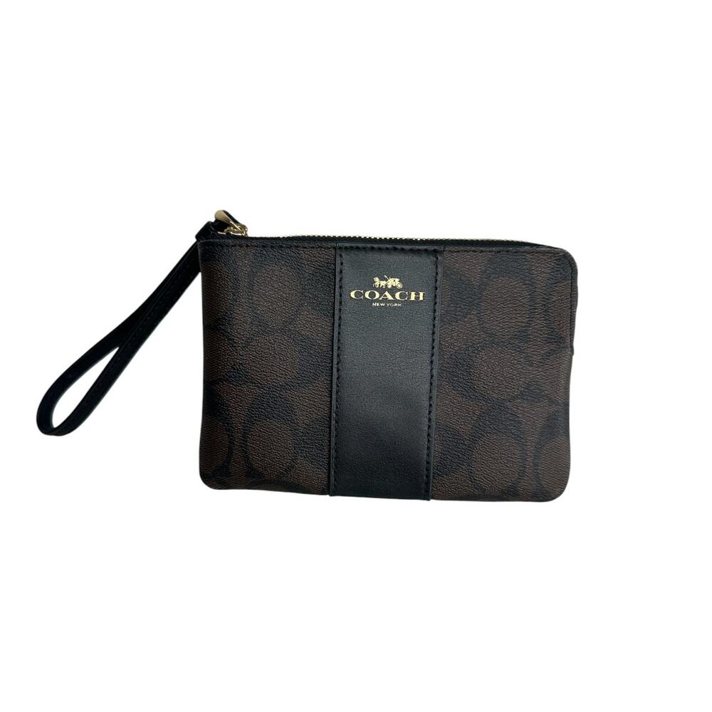 Coach Signature Coated Canvas Corner Zip Wristlet Brown Black Wallet Pouch OS